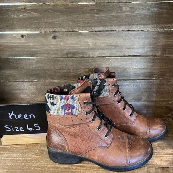 Womens Keen Tyretread Brown Leather Aztec Comfort Ankle Boots Size 6.5 M GUC - Picture 1 of 6